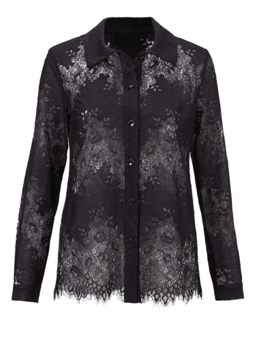 CAbi St. Regis Black Sheer Lace Button Up Blouse Women’s Large Quiet Luxury